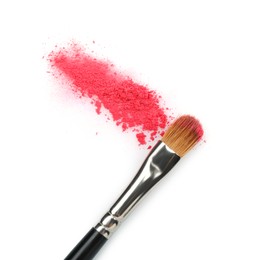 Photo of Makeup brush with pink eye shadow isolated on white, top view