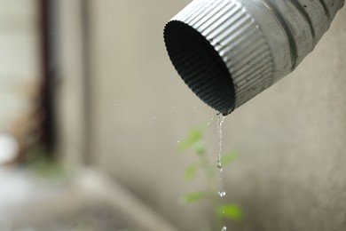 Photo of Water dripping from drain pipe outdoors, closeup. Space for text