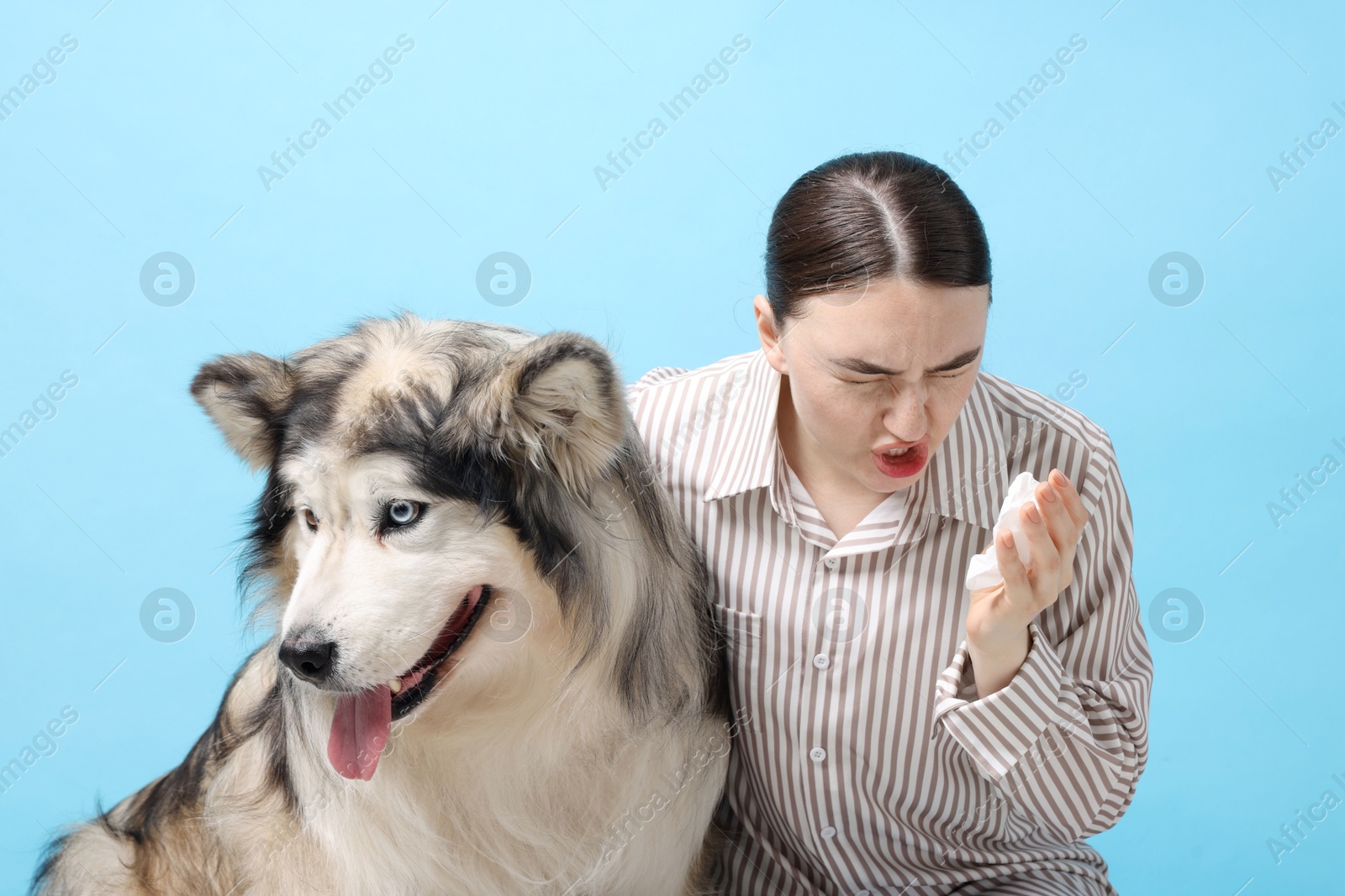 Photo of Woman suffering from allergy with her dog on light blue background