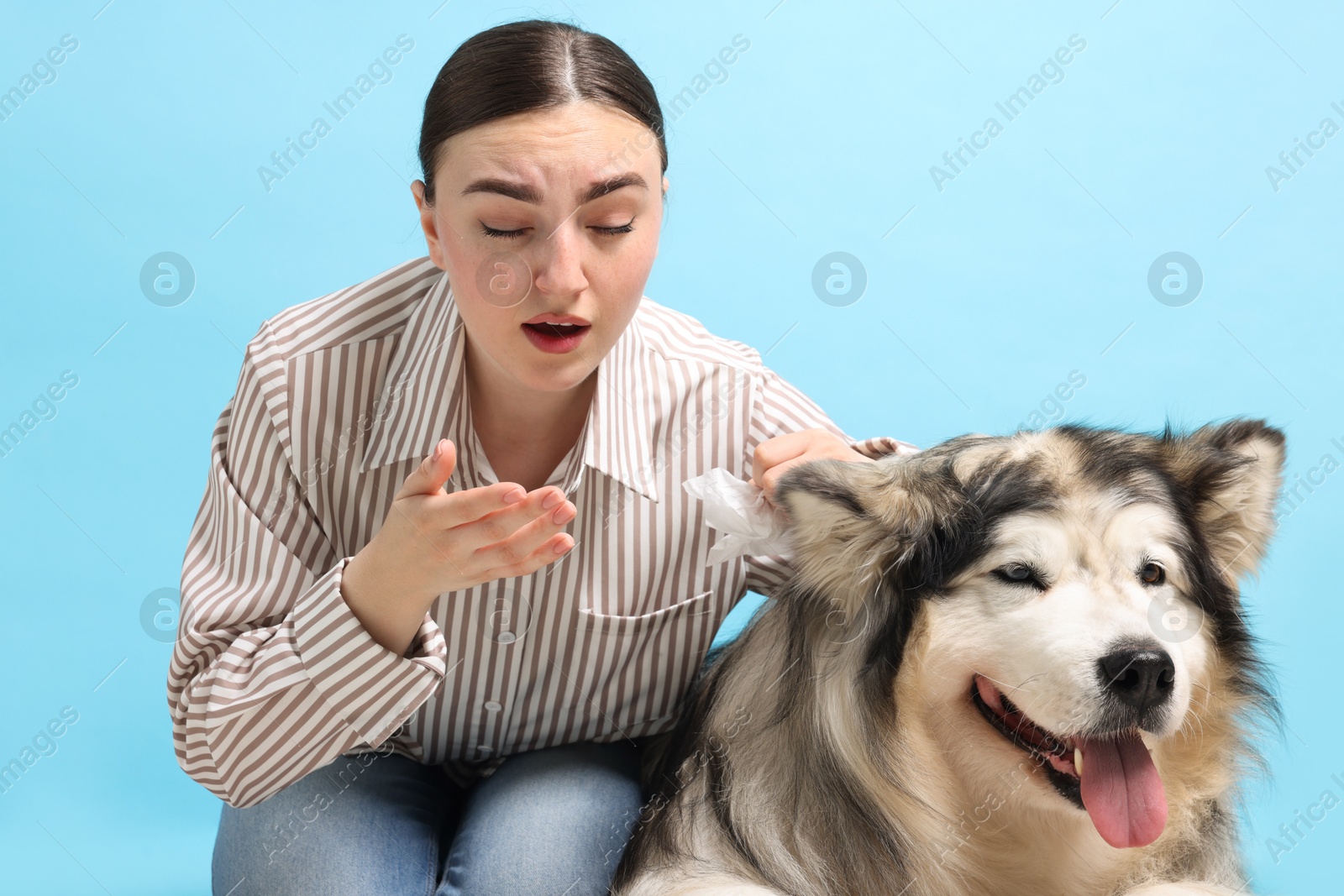 Photo of Woman suffering from allergy with her dog on light blue background