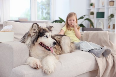 Photo of Girl suffering from allergy with her dog at home, selective focus