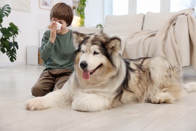 Photo of Boy suffering from allergy with her dog at home