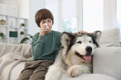 Photo of Boy suffering from allergy with her dog on sofa at home