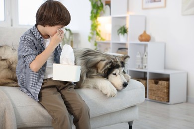 Photo of Boy suffering from allergy with her dog on sofa at home