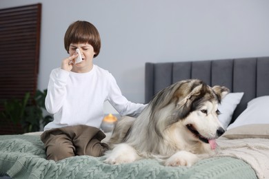 Photo of Boy suffering from allergy with her dog on bed at home