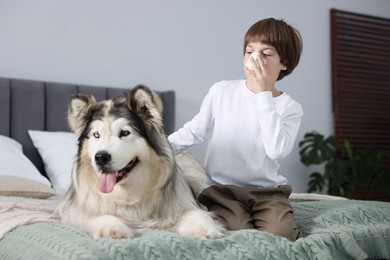 Photo of Boy suffering from allergy with her dog on bed at home
