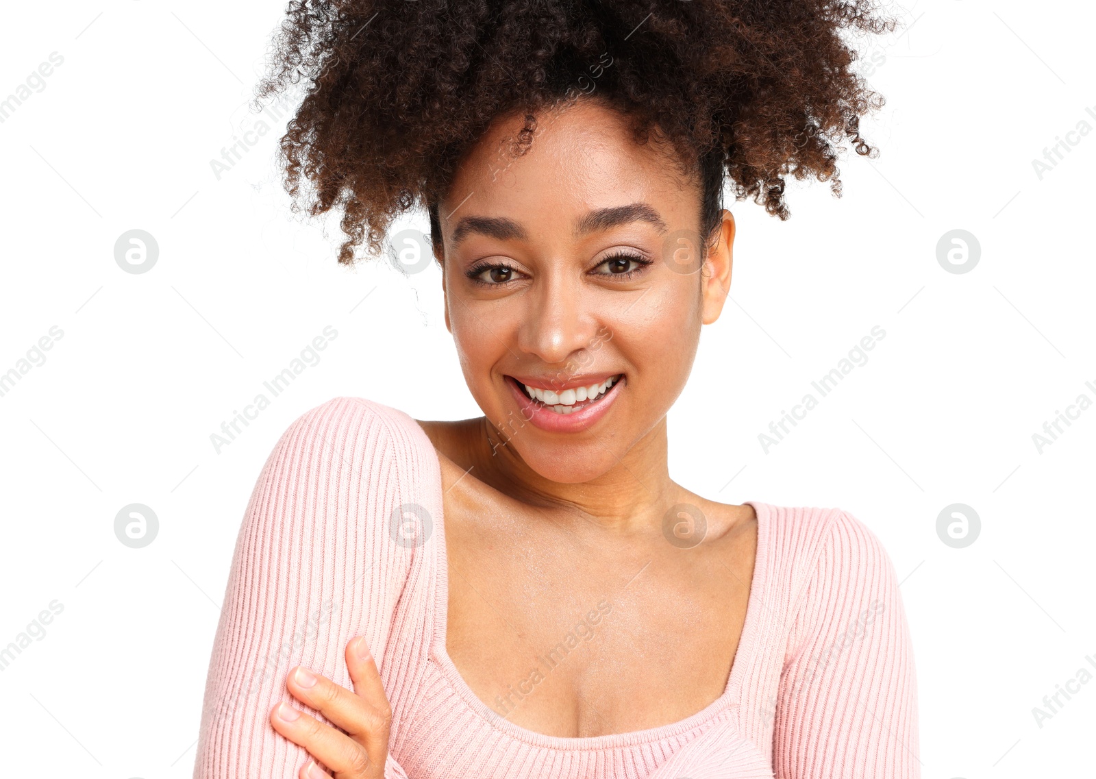 Portrait of beautiful Brazilian woman on white background Photo of Portrait of beautiful Brazilian woman on white background