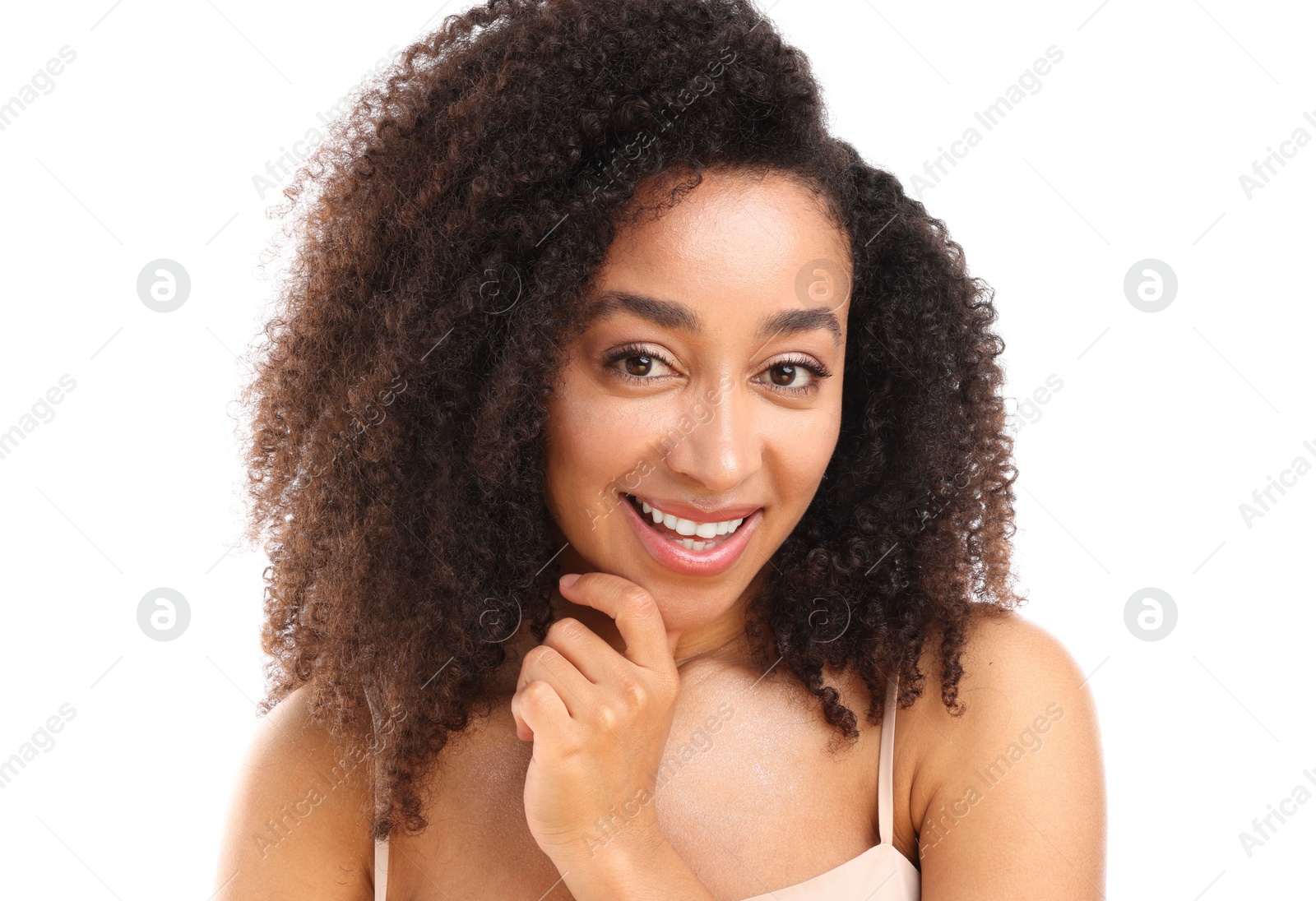 Portrait of beautiful Brazilian woman on white background Photo of Portrait of beautiful Brazilian woman on white background
