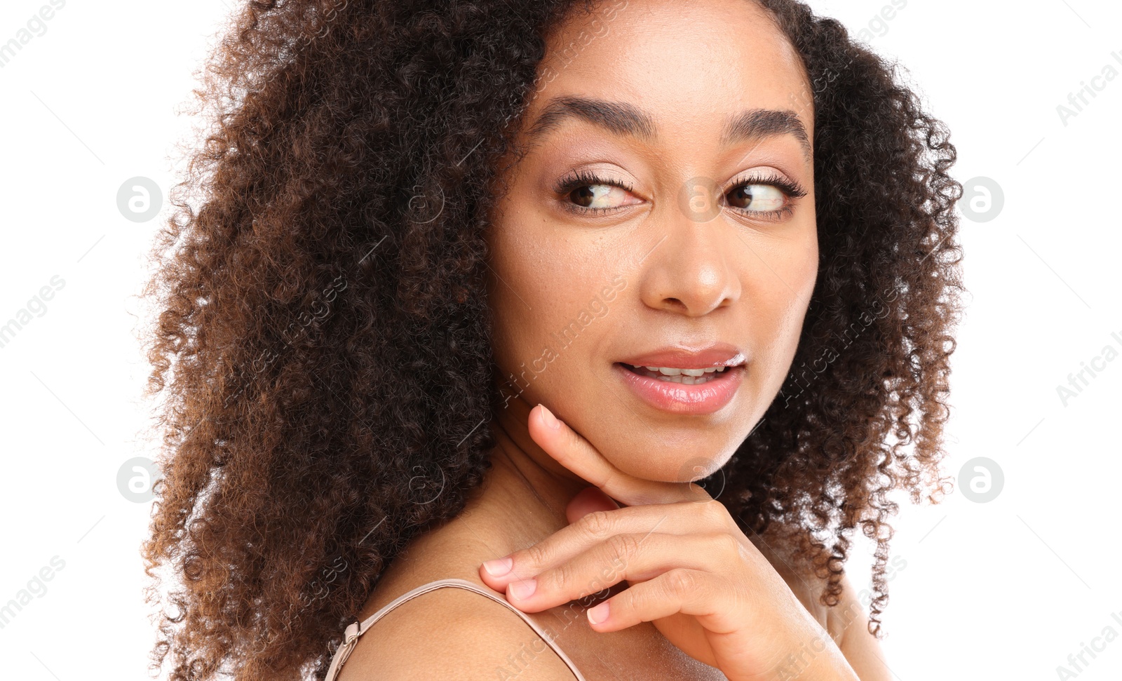 Portrait of beautiful Brazilian woman on white background, closeup Photo of Portrait of beautiful Brazilian woman on white background, closeup
