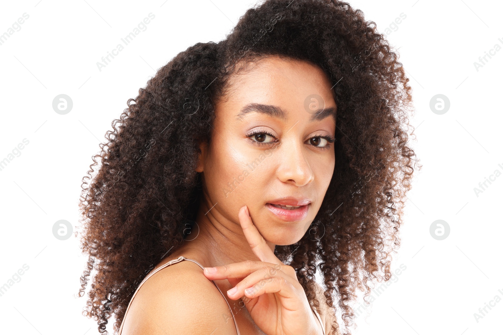 Portrait of beautiful Brazilian woman on white background Photo of Portrait of beautiful Brazilian woman on white background