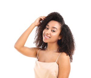 Photo of Portrait of beautiful Brazilian woman on white background
