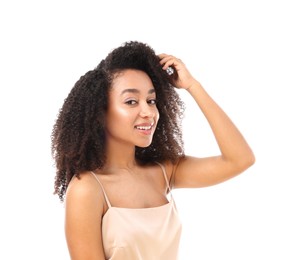 Photo of Portrait of beautiful Brazilian woman on white background