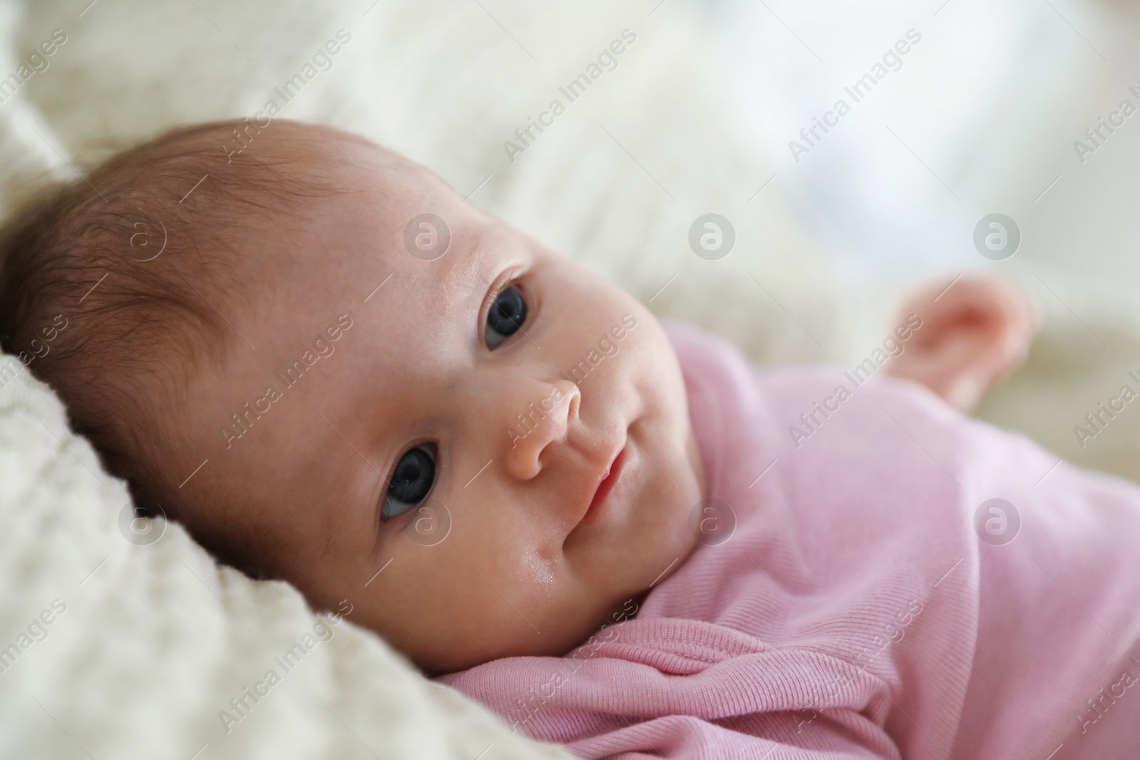 Photo of Cute newborn baby lying on bed indoors