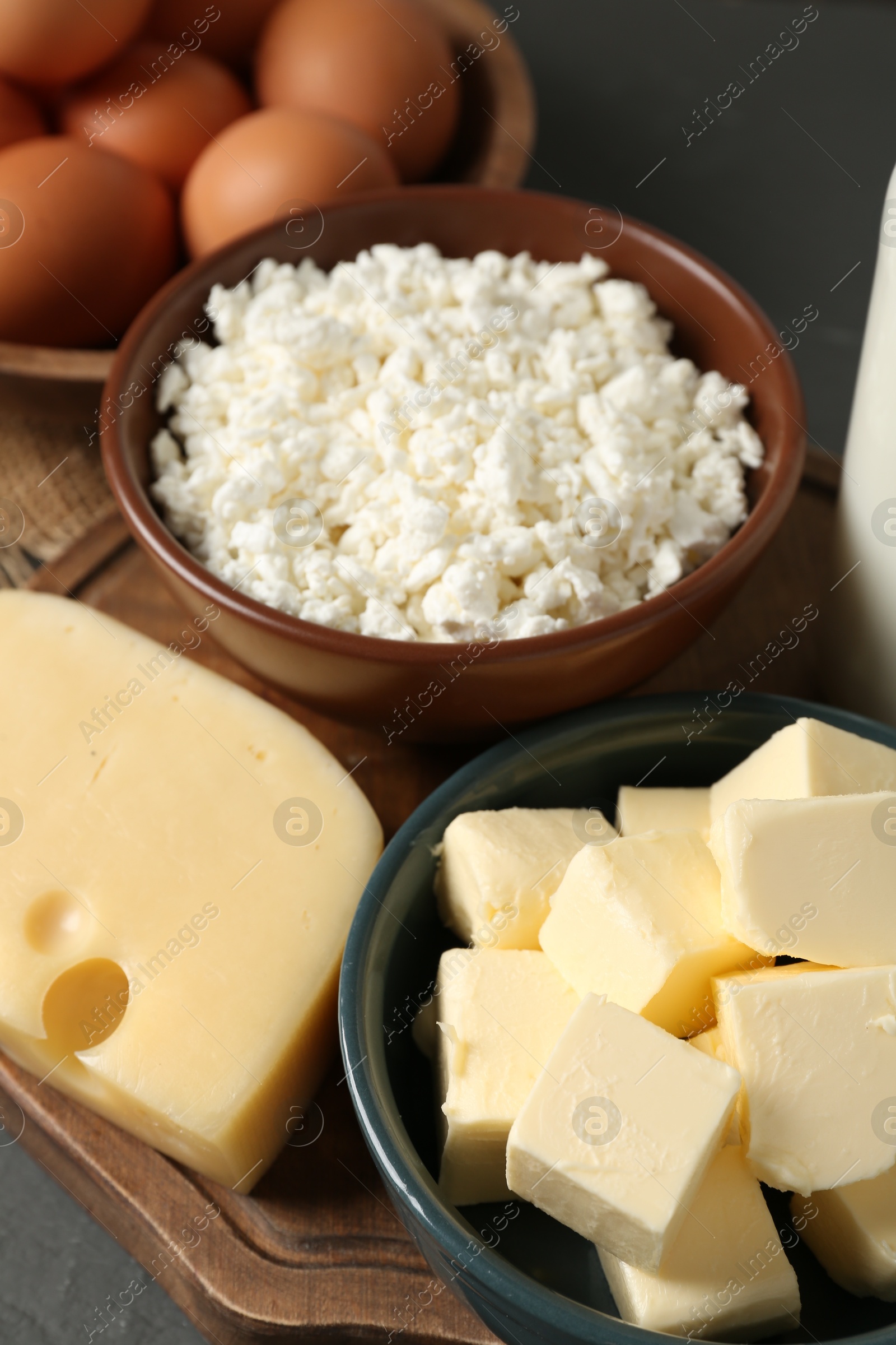 Different dairy products and eggs on table, above view Photo of Different dairy products and eggs on table, above view