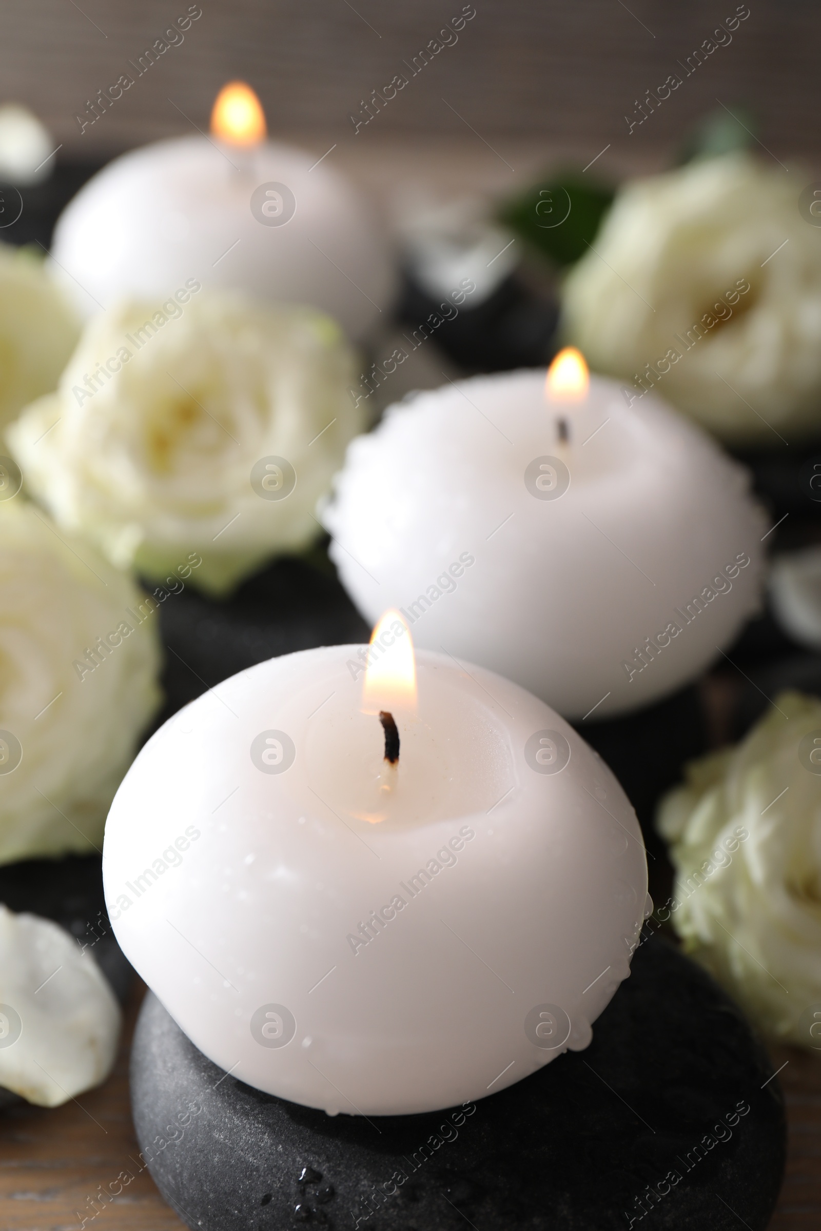 Photo of Burning candles, stones and rose flowers on wooden table, closeup