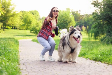 Photo of Happy woman showing something to her cute Alaskan malamute dog in park