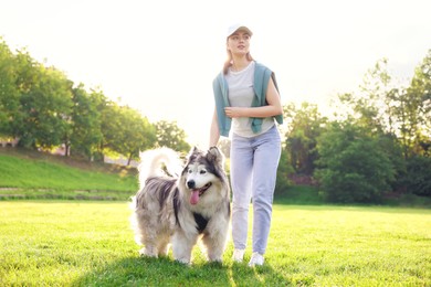 Photo of Woman with her cute Alaskan malamute dog outdoors in morning, low angle view