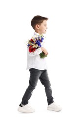 Photo of Cute little boy with bouquet of beautiful flowers on white background
