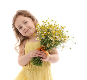 Photo of Cute little girl with bouquet of beautiful chamomile flowers on white background