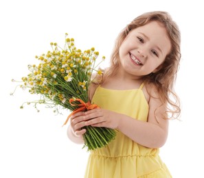Photo of Cute little girl with bouquet of beautiful chamomile flowers on white background