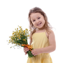 Photo of Cute little girl with bouquet of beautiful chamomile flowers on white background