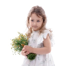 Photo of Cute little girl with bouquet of beautiful chamomile flowers on white background