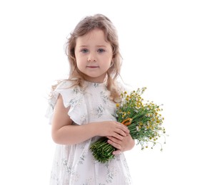 Photo of Cute little girl with bouquet of beautiful chamomile flowers on white background
