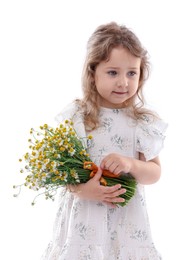 Photo of Cute little girl with bouquet of beautiful chamomile flowers on white background