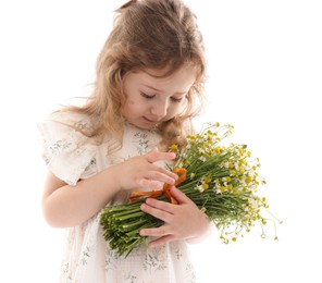 Photo of Cute little girl with bouquet of beautiful chamomile flowers on white background