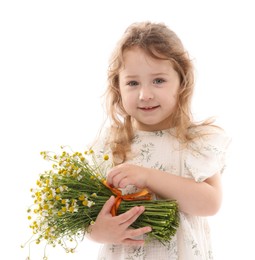 Photo of Cute little girl with bouquet of beautiful chamomile flowers on white background