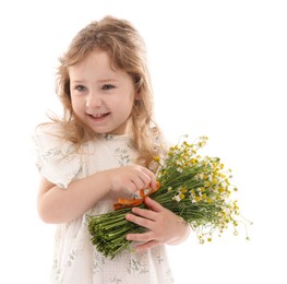 Photo of Cute little girl with bouquet of beautiful chamomile flowers on white background