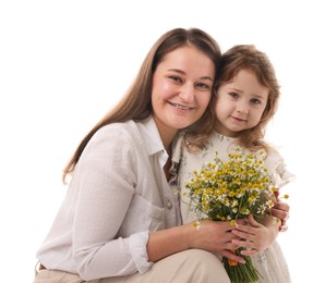 Photo of Mother and her little daughter with bouquet of beautiful chamomile flowers on white background