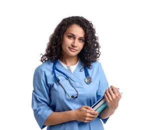 Photo of Medical student with books on white background