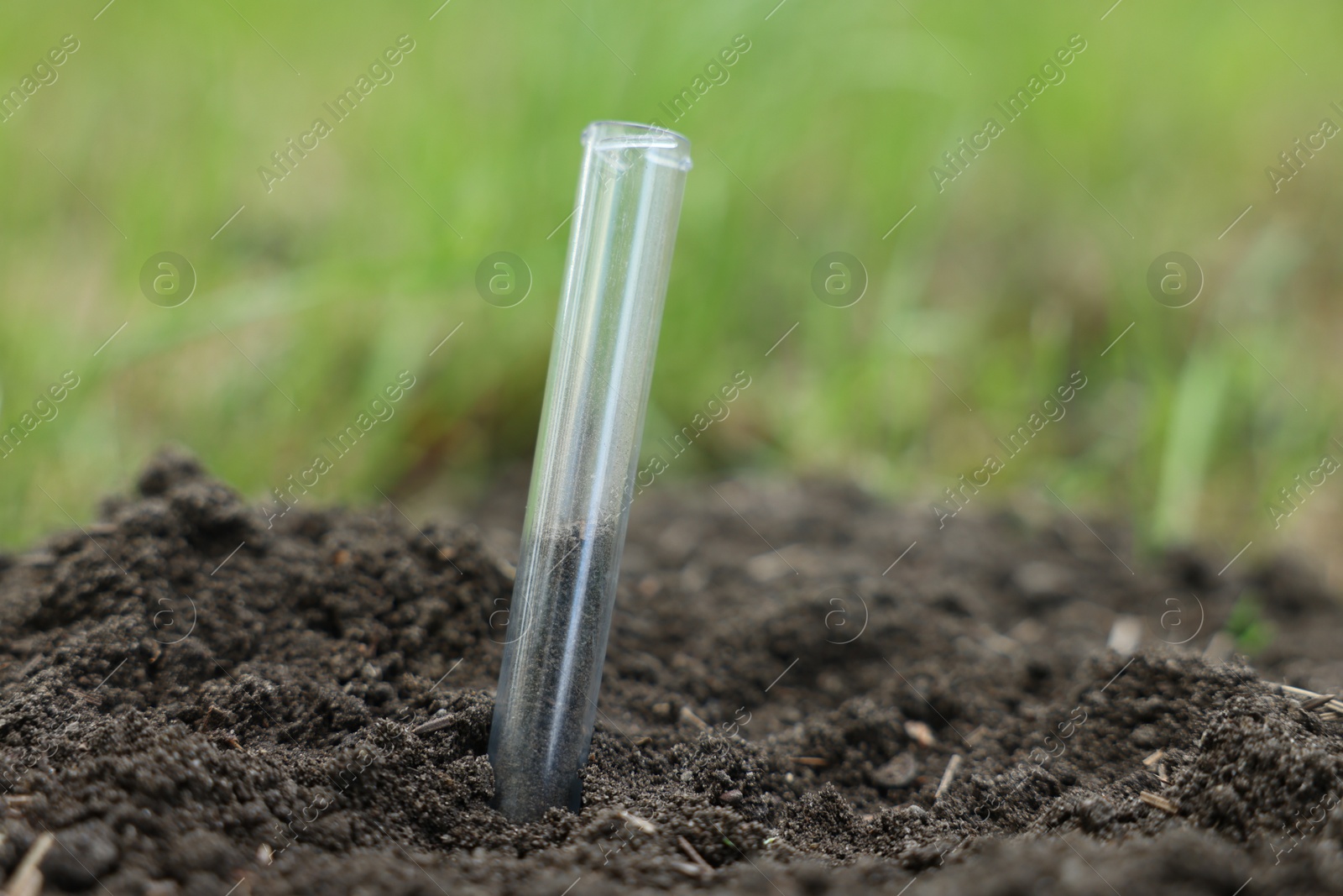 Photo of Test tube with soil sample outdoors, closeup. Space for text