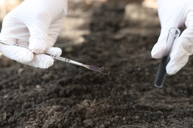 Photo of Scientist taking soil sample for research outdoors, closeup