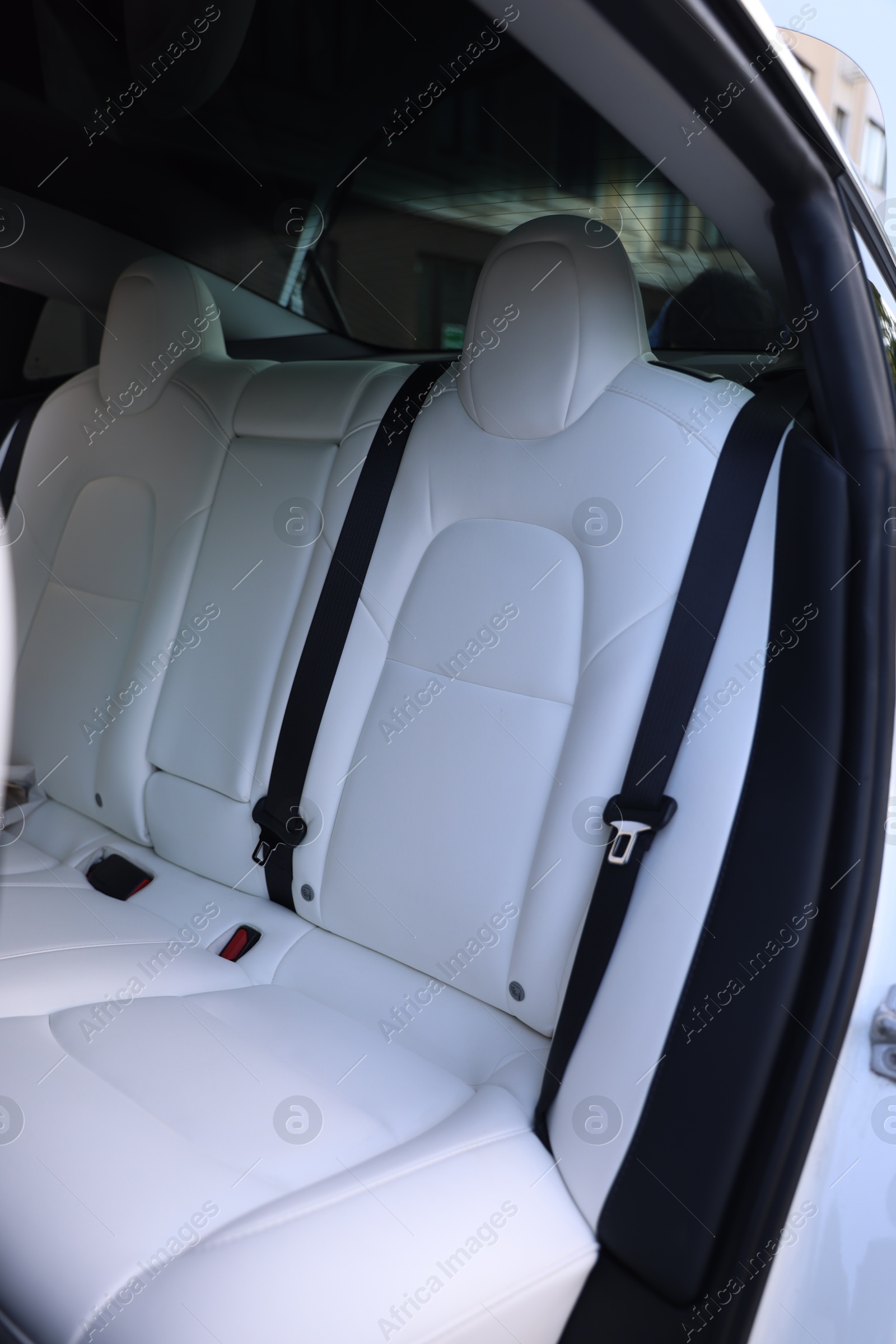 Modern car interior with seats and safety belts, view from outside Photo of Modern car interior with seats and safety belts, view from outside