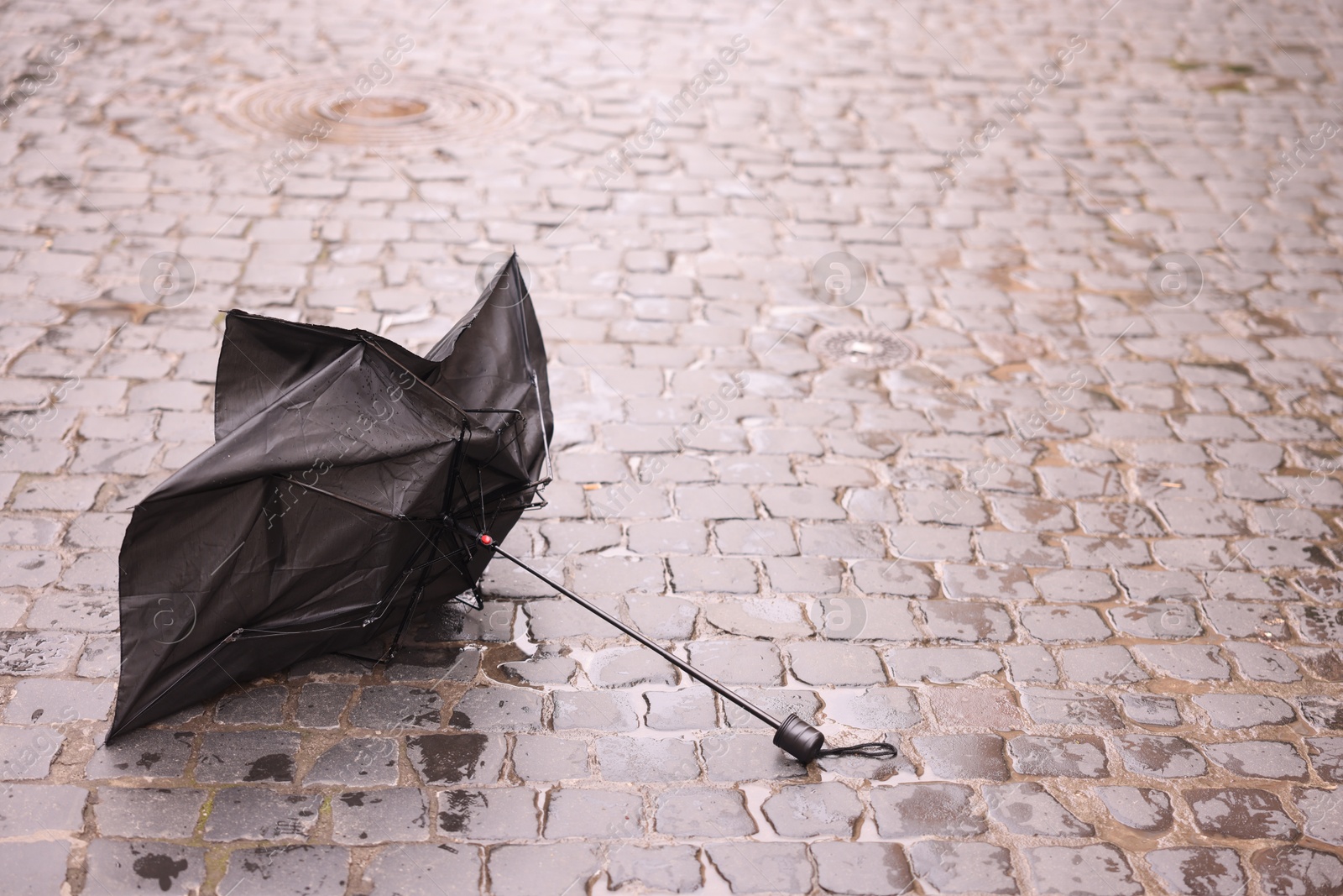 Broken umbrella on wet pavement outdoors. Space for text Photo of Broken umbrella on wet pavement outdoors. Space for text