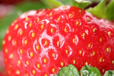 Photo of Fresh ripe strawberry as background, macro view