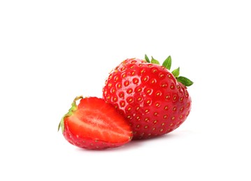 Photo of Fresh whole and cut strawberries isolated on white