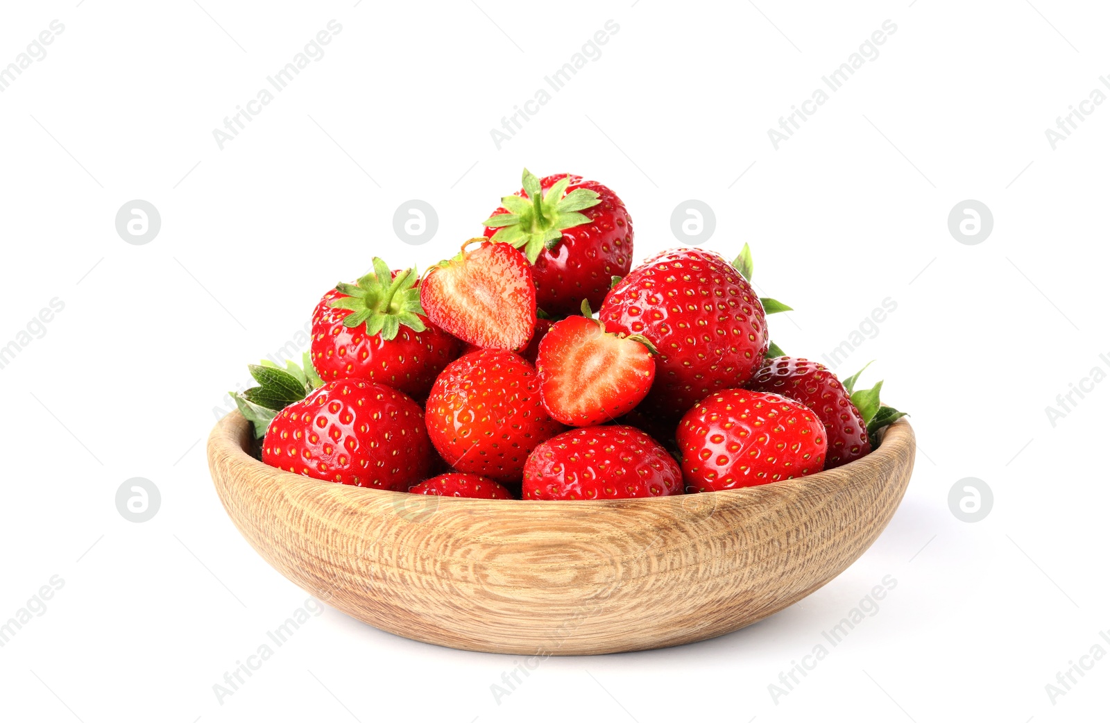 Fresh whole and cut strawberries in bowl isolated on white Photo of Fresh whole and cut strawberries in bowl isolated on white