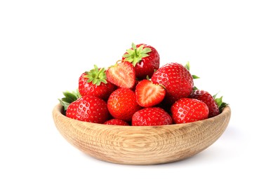Photo of Fresh whole and cut strawberries in bowl isolated on white