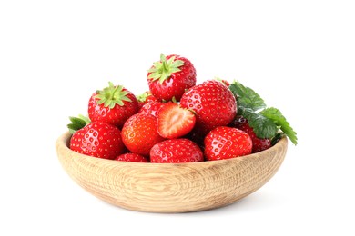 Photo of Fresh whole, cut strawberries and leaves in bowl isolated on white
