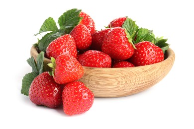 Photo of Fresh whole strawberries and leaves in bowl isolated on white