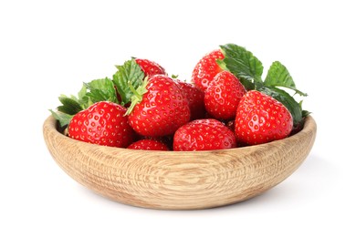 Photo of Fresh whole strawberries and leaves in bowl isolated on white