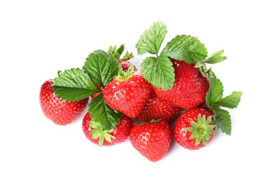Photo of Pile of fresh strawberries and green leaves isolated on white, above view