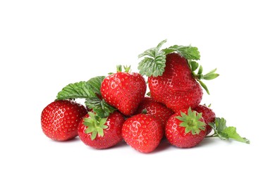 Photo of Pile of fresh strawberries and green leaves isolated on white