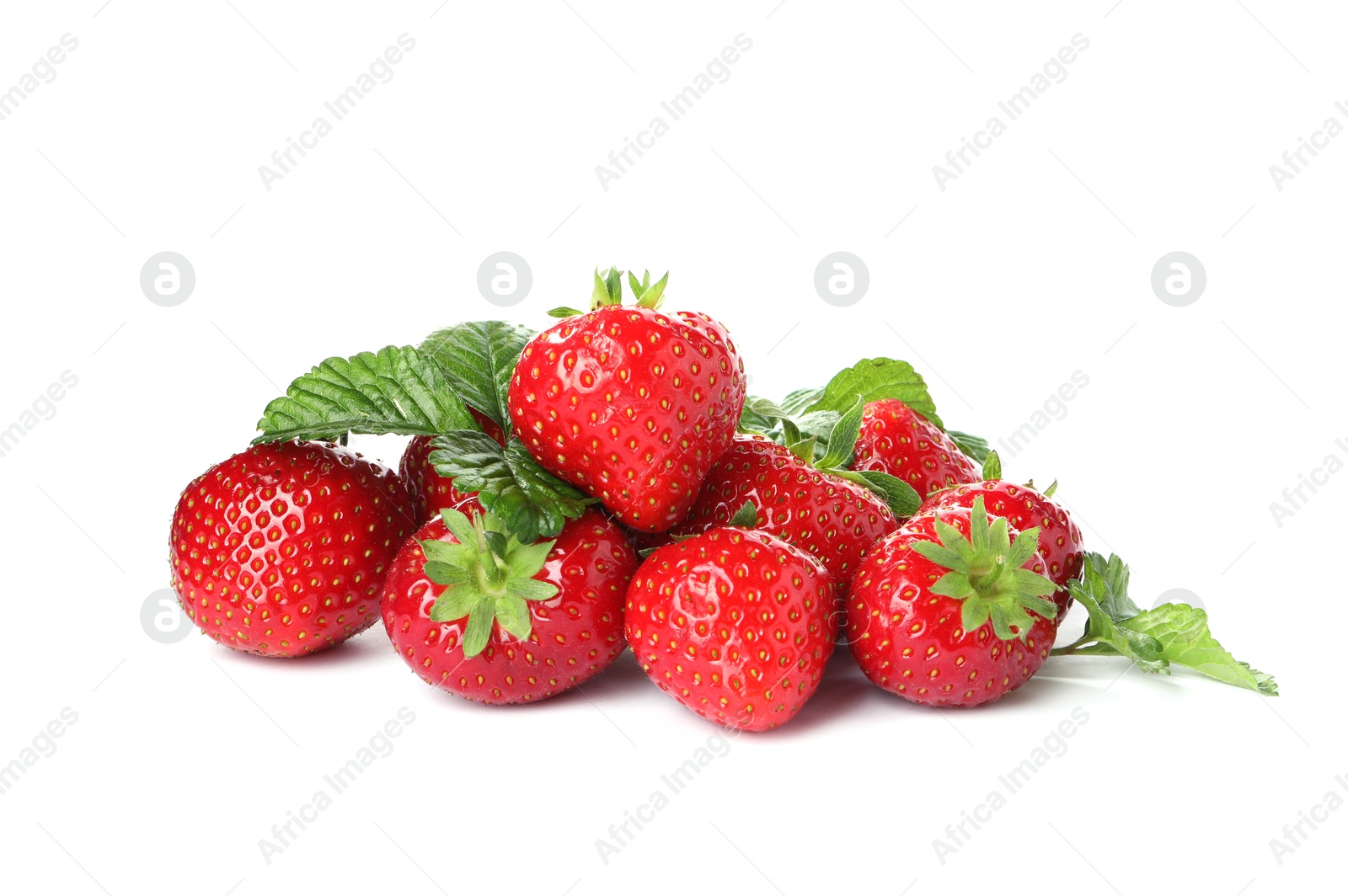 Pile of fresh strawberries and green leaves isolated on white Photo of Pile of fresh strawberries and green leaves isolated on white