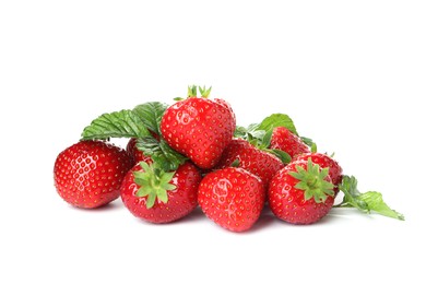 Photo of Pile of fresh strawberries and green leaves isolated on white
