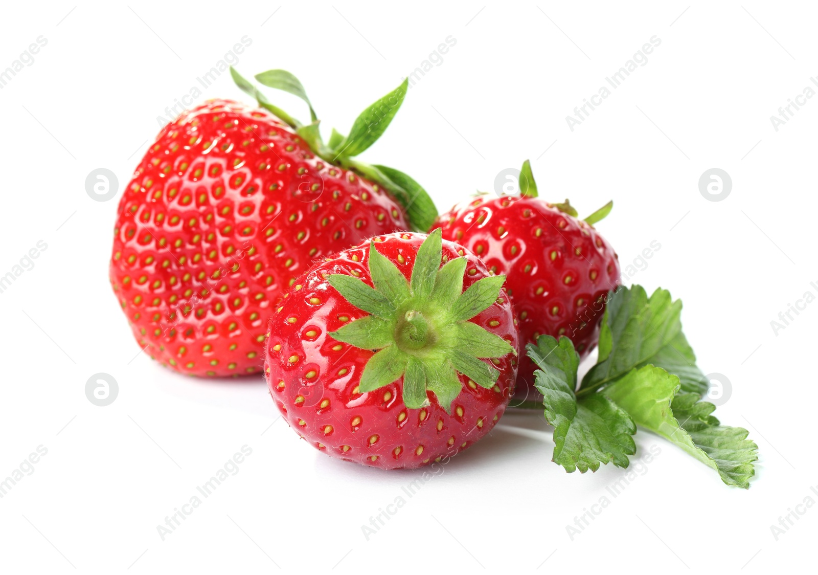 Fresh strawberries and green leaves isolated on white Photo of Fresh strawberries and green leaves isolated on white