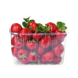 Photo of Fresh ripe strawberries and green leaves in plastic container isolated on white